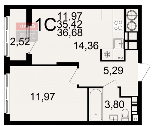 Продажа 1-комнатной квартиры 36,7 м², 17/25 этаж