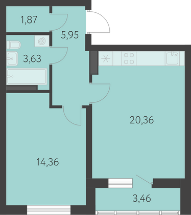 48,3 м², 1-комн. квартира, 19 этаж