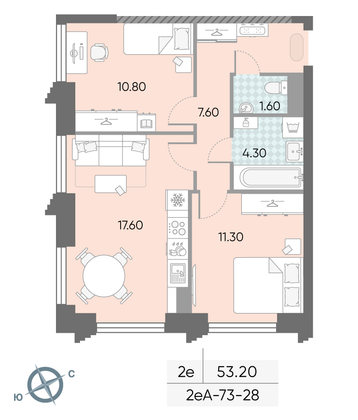 53,2 м², 2-комн. квартира, 28/58 этаж