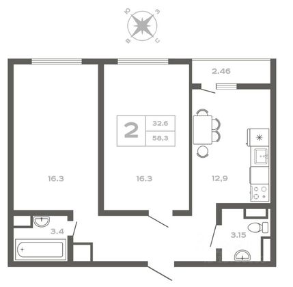 Продажа 2-комнатной квартиры 58,3 м², 12/23 этаж