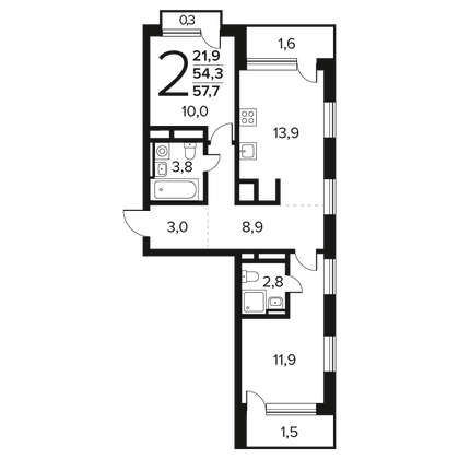Продажа 2-комнатной квартиры 57,7 м², 9/14 этаж