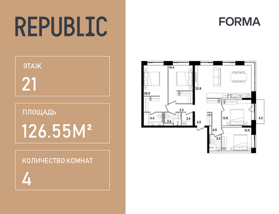 126,6 м², 4-комн. квартира, 21/26 этаж