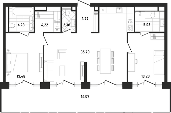 96,6 м², 2-комн. квартира, 21/33 этаж