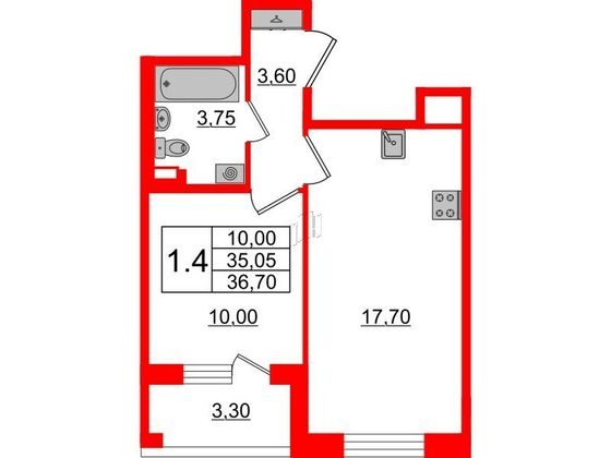 Продажа 1-комнатной квартиры 35 м², 3/4 этаж