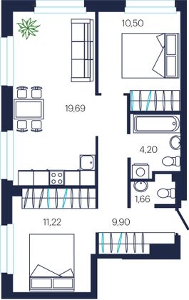 57,2 м², 2-комн. квартира, 14/19 этаж