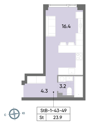 Продажа квартиры-студии 23,9 м², 48/52 этаж