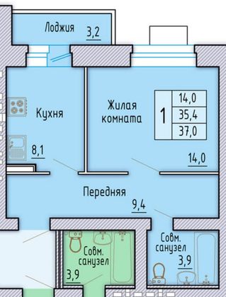 Продажа 2-комнатной квартиры 37,6 м², 1/8 этаж