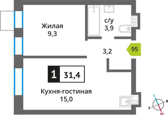 Продажа 1-комнатной квартиры 31,4 м², 4/6 этаж