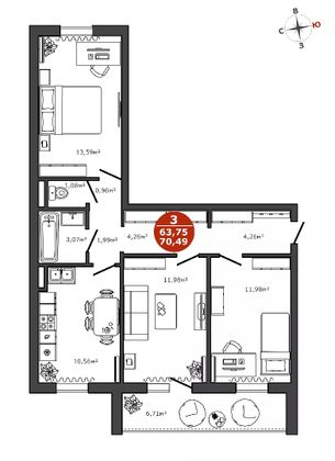 Продажа 3-комнатной квартиры 67,3 м², 14/16 этаж