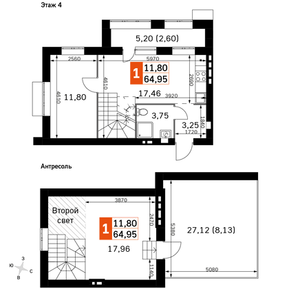 64,9 м², 1-комн. квартира, 4/4 этаж