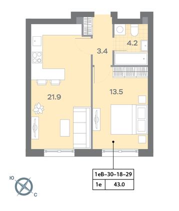 Продажа 1-комнатной квартиры 43,1 м², 26/32 этаж