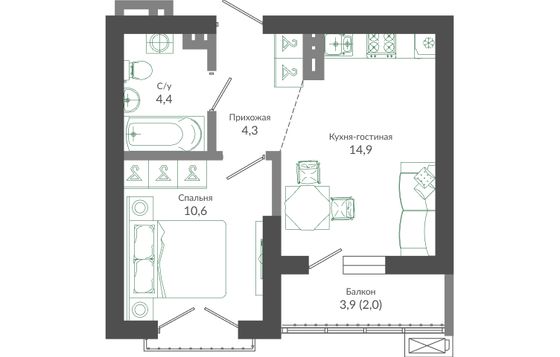 36,2 м², 1-комн. квартира, 12/12 этаж