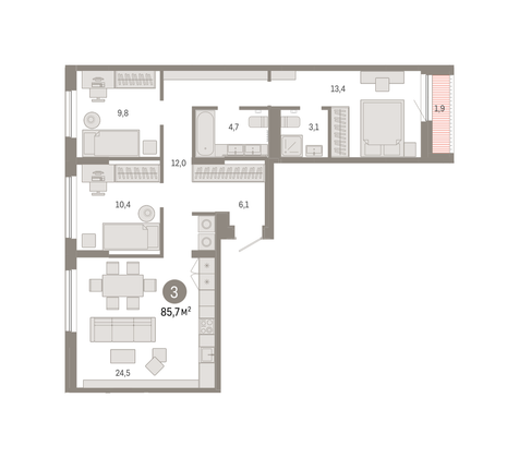 85,7 м², 3-комн. квартира, 2/7 этаж