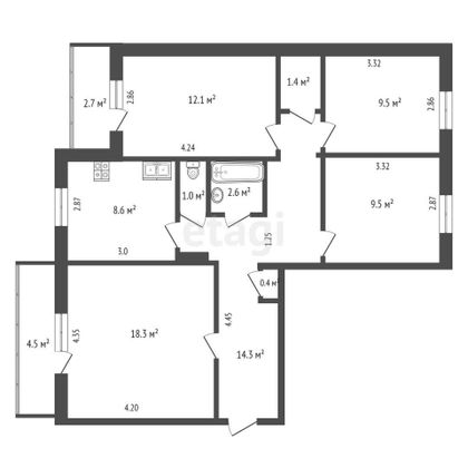 Продажа 4-комнатной квартиры 77,7 м², 6/9 этаж