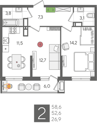 Продажа 2-комнатной квартиры 58,6 м², 20/24 этаж