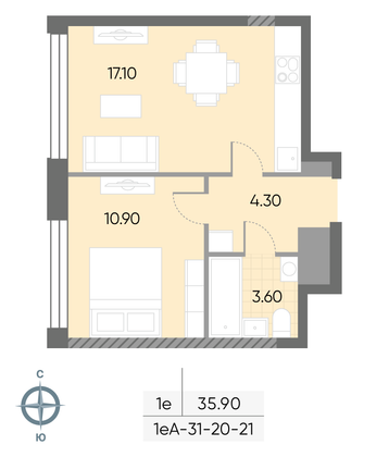 Продажа 1-комнатной квартиры 35,9 м², 21/30 этаж