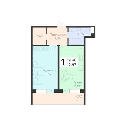 Продажа 1-комнатной квартиры 43 м², 2/21 этаж