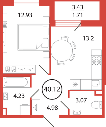 Продажа 1-комнатной квартиры 40,1 м², 12/12 этаж