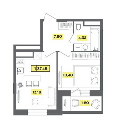 37,5 м², 2-комн. квартира, 6 этаж