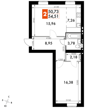 54,5 м², 2-комн. квартира, 3/4 этаж