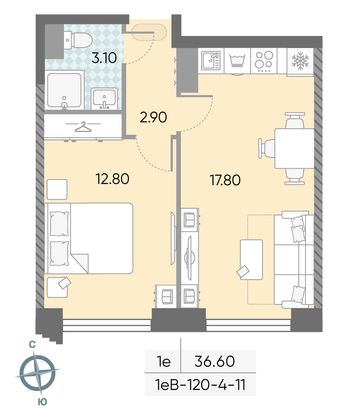 Продажа 1-комнатной квартиры 36,6 м², 7/58 этаж