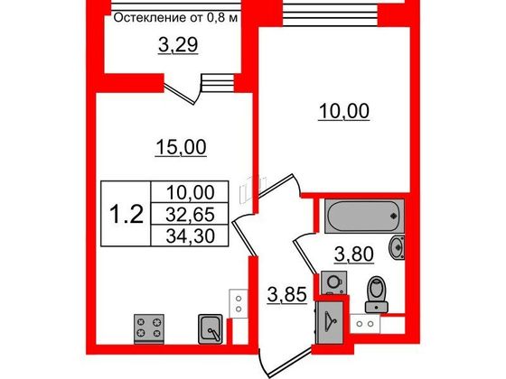 Продажа 1-комнатной квартиры 32,7 м², 2/12 этаж