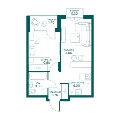 38,7 м², 2-комн. квартира, 2/6 этаж