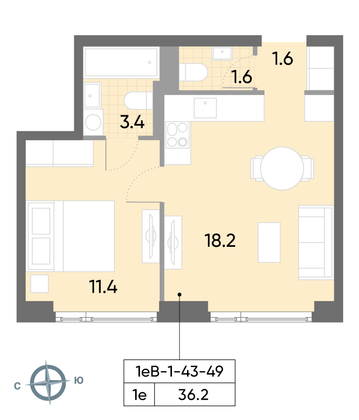 Продажа 1-комнатной квартиры 36,2 м², 47/52 этаж