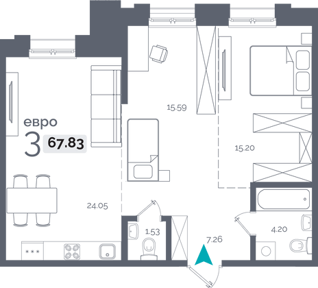 67,8 м², 2-комн. квартира, 1/15 этаж