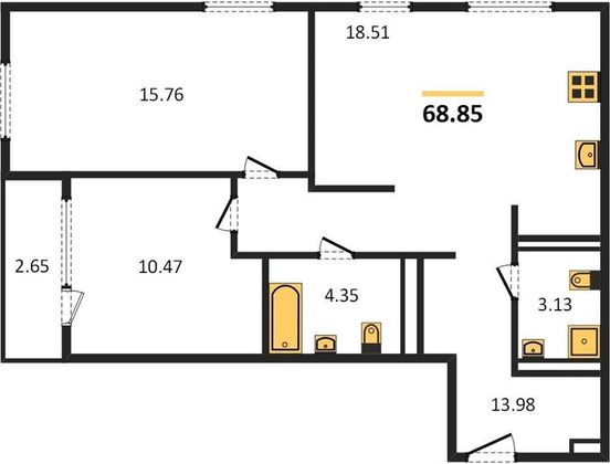 Продажа 2-комнатной квартиры 68,8 м², 13/23 этаж