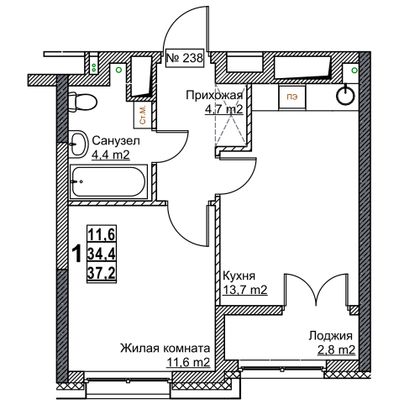 Продажа 1-комнатной квартиры 37,2 м², 13/24 этаж