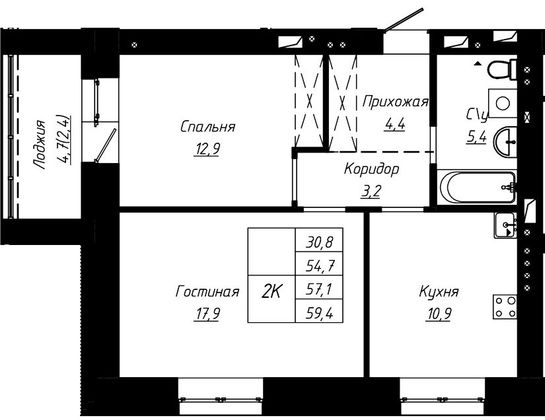 Продажа 2-комнатной квартиры 57,1 м², 4/9 этаж