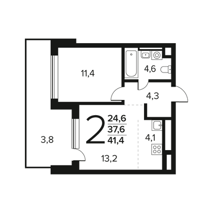 41,4 м², 2-комн. квартира, 1/7 этаж