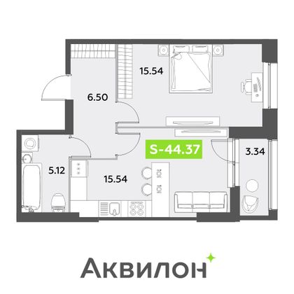 44,4 м², 1-комн. квартира, 1/12 этаж