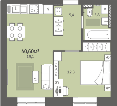 40,6 м², 1-комн. квартира, 2/9 этаж