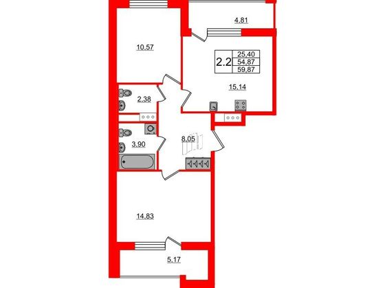 Продажа 2-комнатной квартиры 54,9 м², 4/14 этаж