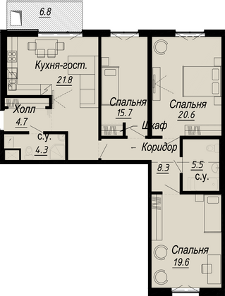 107,6 м², 3-комн. квартира, 4/8 этаж