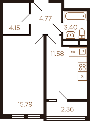 40,6 м², 1-комн. квартира, 7/8 этаж