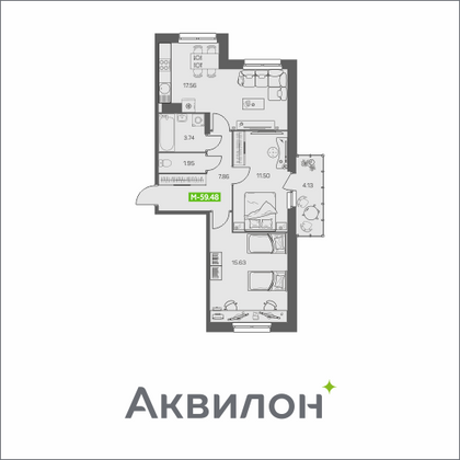 59,5 м², 2-комн. квартира, 7/8 этаж