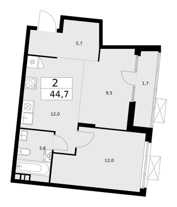 44,7 м², 2-комн. квартира, 12/15 этаж