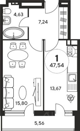 Продажа 1-комнатной квартиры 47,5 м², 3/9 этаж