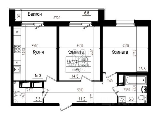 Продажа 2-комнатной квартиры 65,1 м², 3/23 этаж