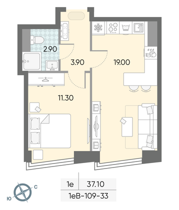 37,1 м², 1-комн. квартира, 33/58 этаж