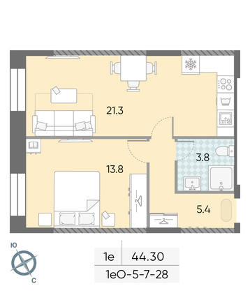 Продажа 1-комнатной квартиры 44,3 м², 28/28 этаж