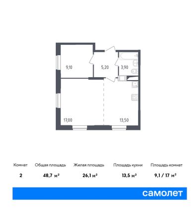 48,7 м², 1-комн. квартира, 16/17 этаж