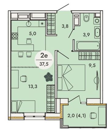 37,5 м², 2-комн. квартира, 15/16 этаж