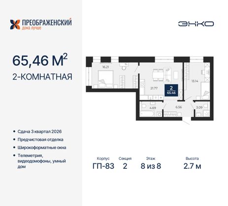 65,5 м², 2-комн. квартира, 8/8 этаж