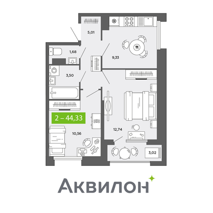 44,3 м², 2-комн. квартира, 9/16 этаж