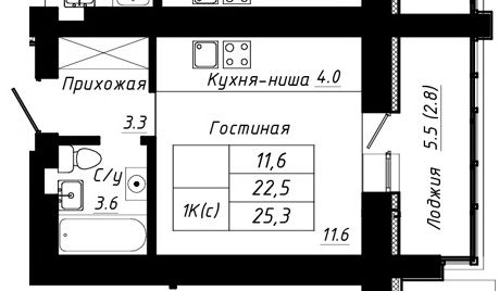 25,3 м², 1-комн. квартира, 4/10 этаж