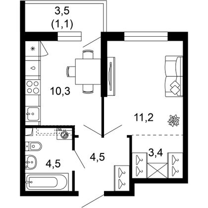 35 м², 1-комн. квартира, 1/17 этаж